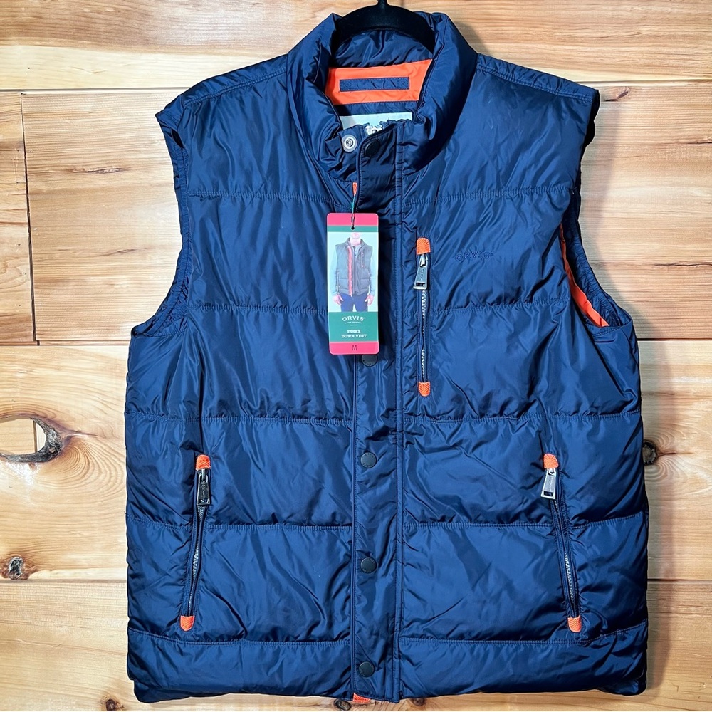 NWT Orvis Dark Blue Essex Down Puffer Vest with Orange Accents